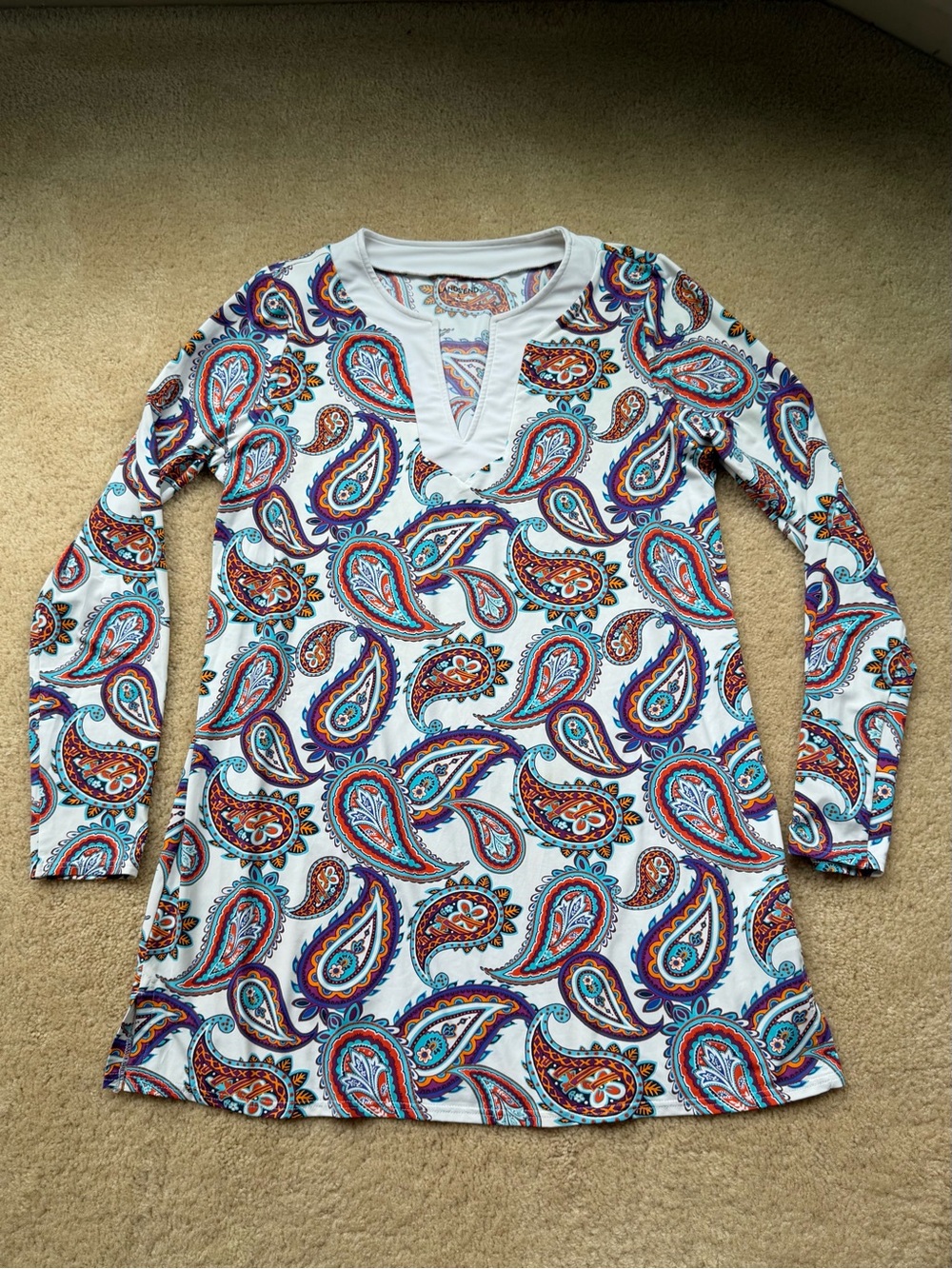 Lands' End Split Neck White Paisley Long Sleeve Swim Cover Up - Size S - EUC